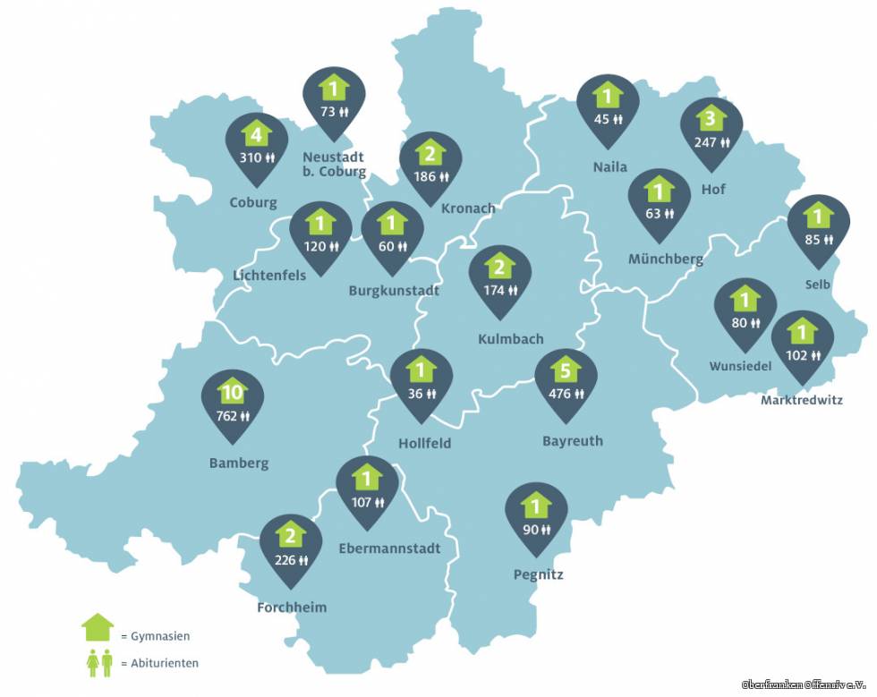 Übersicht über Standorte der Gymnasien in Oberfranken inkl. der Zahl der Abiturientinnen und Abiturienten
